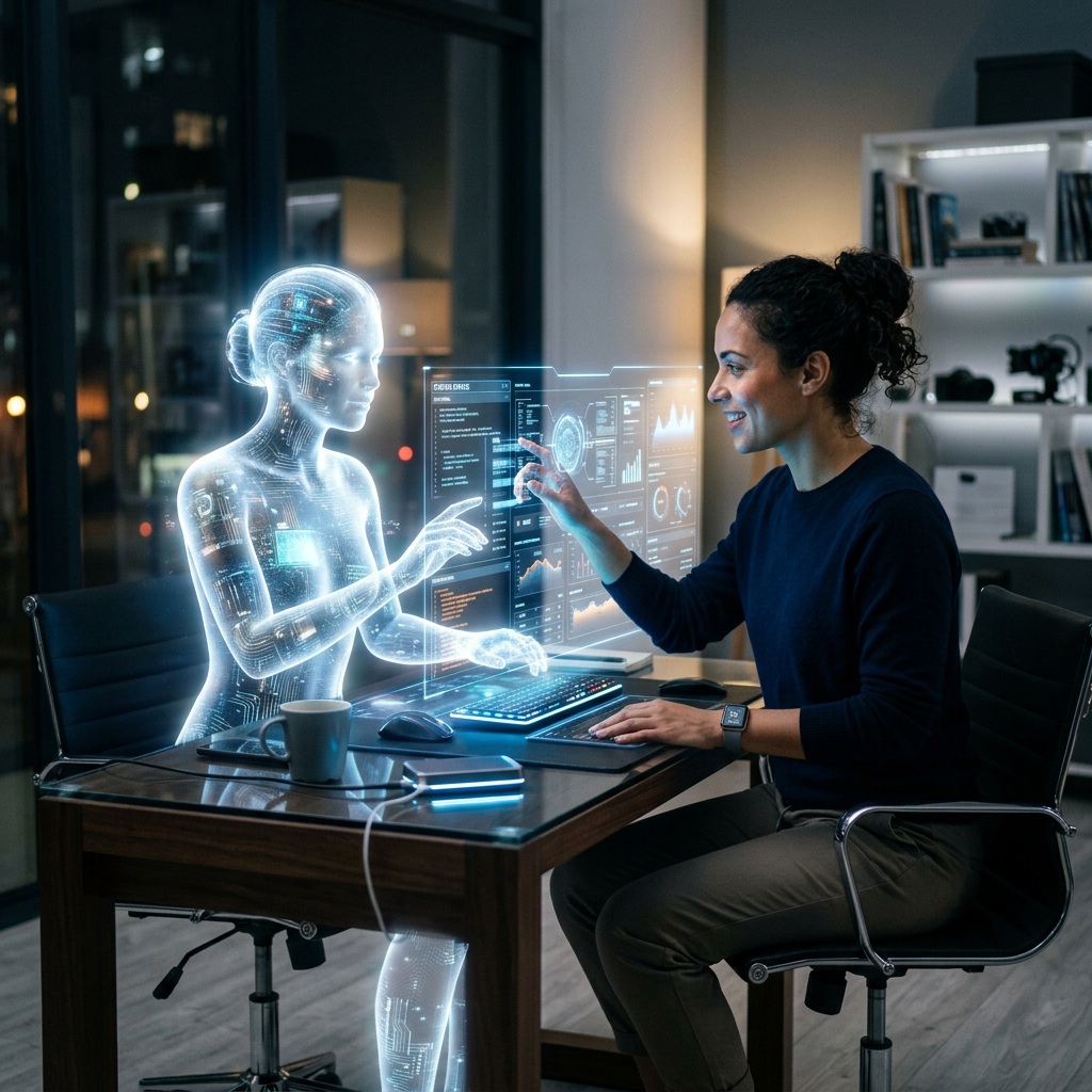 Woman using holographic AI interface and digital assistant in office