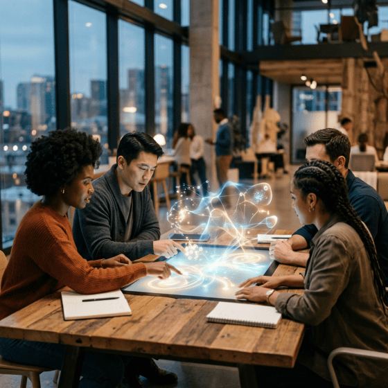 Four colleagues collaborating around a glowing digital interface at a wooden table