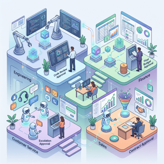 AI workflows for Engineering, Finance, Customer Service, and Sales; approval stages labeled Code Review Approval, Final Budget Approval, Escalation Approval, and Contract Approval